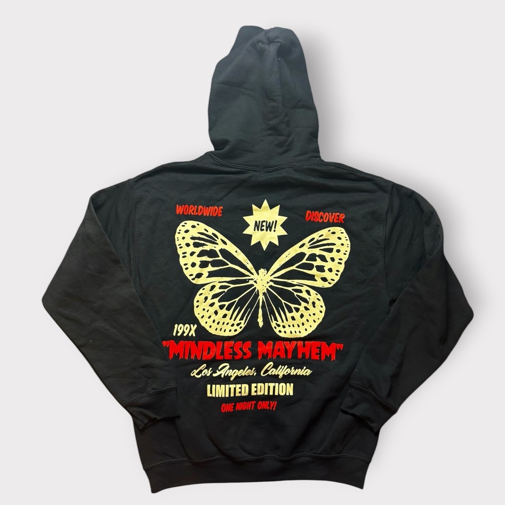NovaMen Mindless Mayhem Butterfly Graphic Hoodie Black Medium Limited Edition‎
